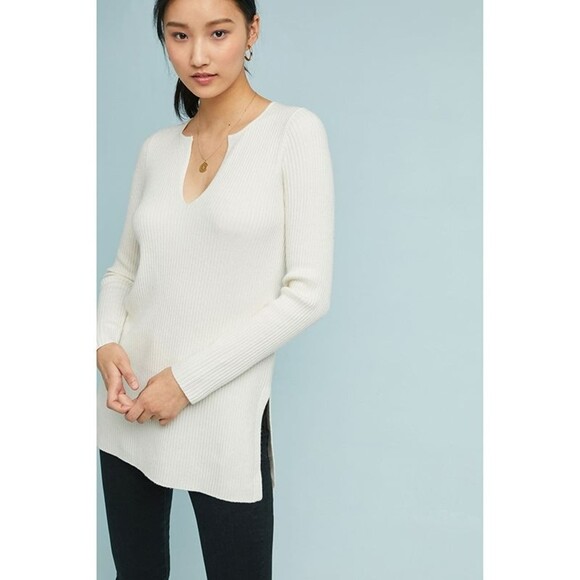 Anthropologie Ett twa Amrita Cream Merino Wool Ribbed Vneck Tunic Sweater size m - Picture 1 of 8